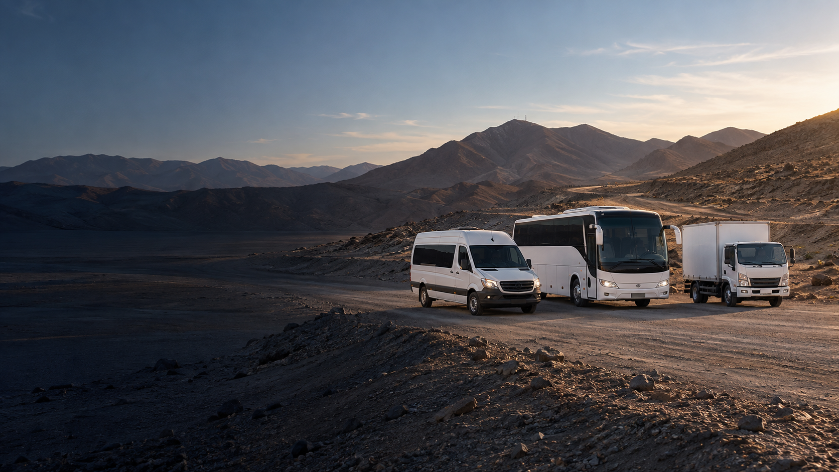 Minibús, bus y camión en un paisaje desértico; imagen generada referencial